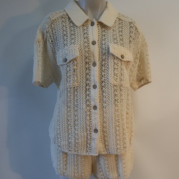 Women Benaar LA Jeiley Cream 2Pc Set Crochet Gauzy Contrast Collared Top Short M - Picture 4 of 13